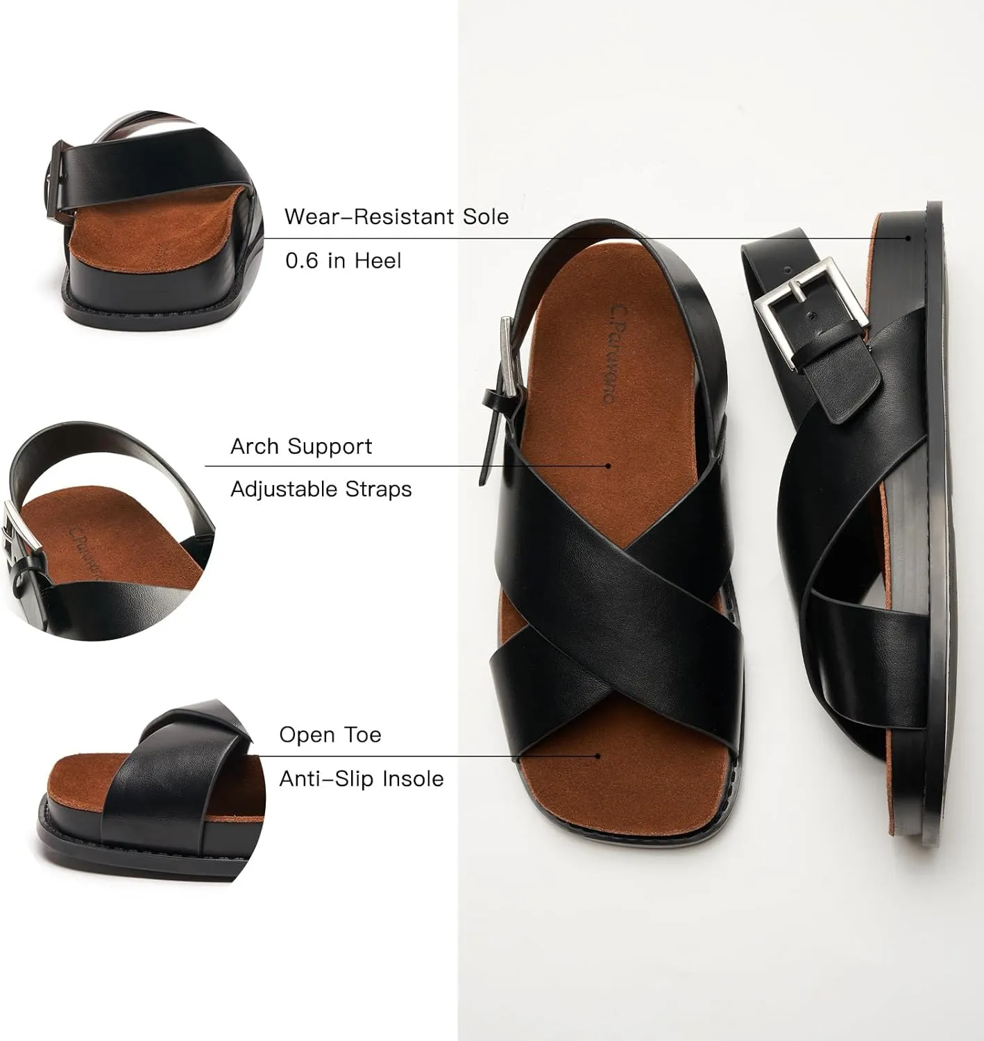 C.Paravano Women Sandals,Comfortable Dressy Flat Slides Summer Sandals with Arch Support for Walking Beach Casual Adjustable Buckle Slip-Ons Fashion Shoes