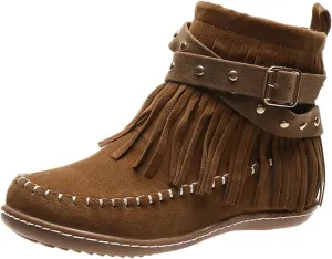 Crzidha Fringe Ankle Boots for Women,Vintage Suede Round Toe Wide Width Low Heel Flat Boho Hippie Ankle Boots Comfortable Wide Width Round Toe Casual Winter Fall Walk Travel Shoes
