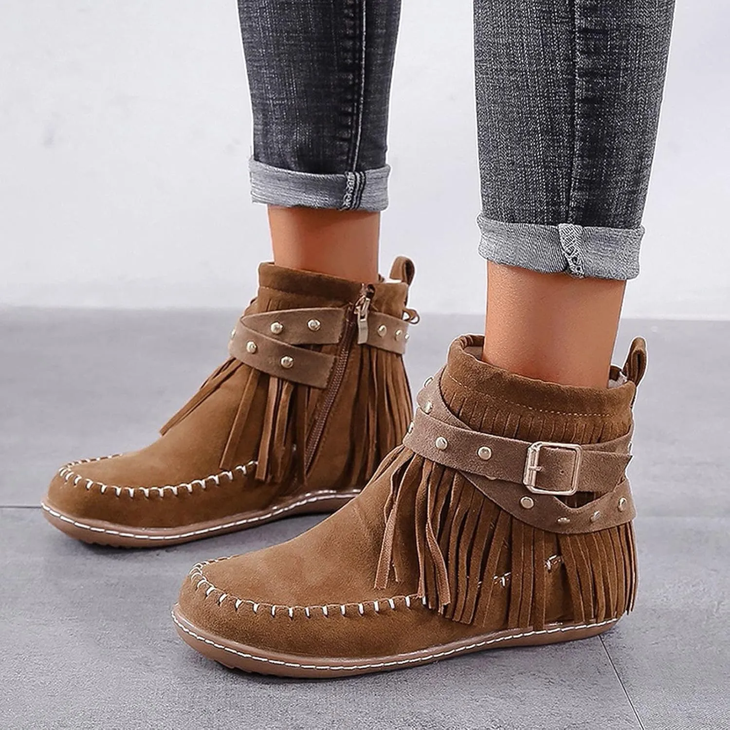 Crzidha Fringe Ankle Boots for Women,Vintage Suede Round Toe Wide Width Low Heel Flat Boho Hippie Ankle Boots Comfortable Wide Width Round Toe Casual Winter Fall Walk Travel Shoes