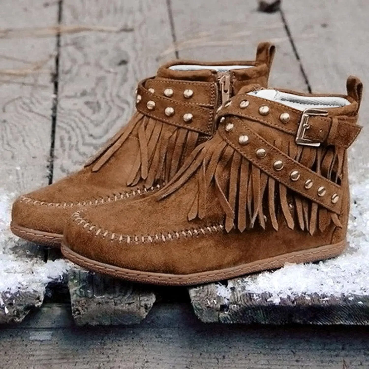 Crzidha Fringe Ankle Boots for Women,Vintage Suede Round Toe Wide Width Low Heel Flat Boho Hippie Ankle Boots Comfortable Wide Width Round Toe Casual Winter Fall Walk Travel Shoes