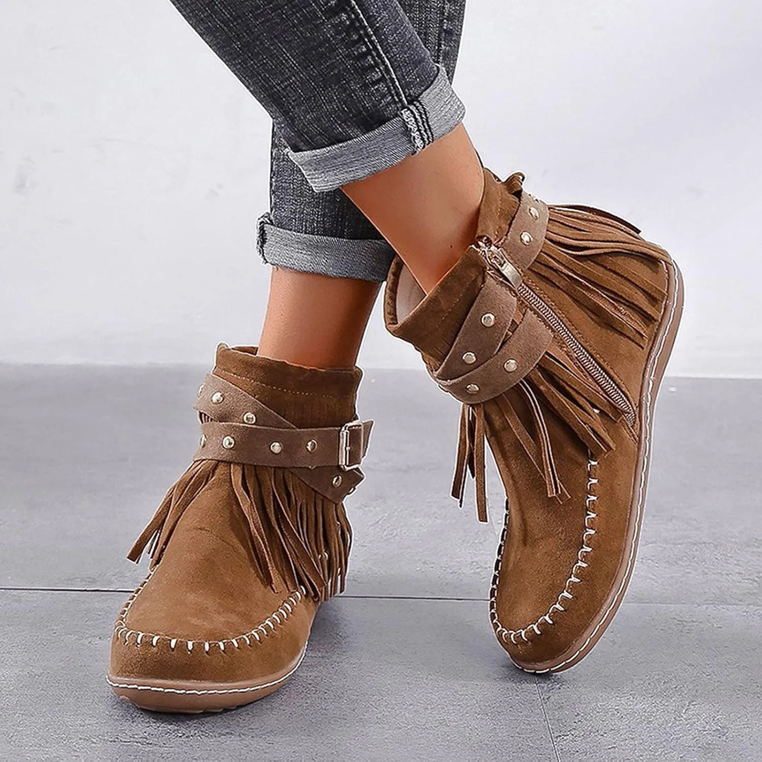 Crzidha Fringe Ankle Boots for Women,Vintage Suede Round Toe Wide Width Low Heel Flat Boho Hippie Ankle Boots Comfortable Wide Width Round Toe Casual Winter Fall Walk Travel Shoes