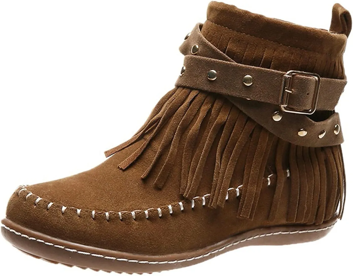 Crzidha Fringe Ankle Boots for Women,Vintage Suede Round Toe Wide Width Low Heel Flat Boho Hippie Ankle Boots Comfortable Wide Width Round Toe Casual Winter Fall Walk Travel Shoes