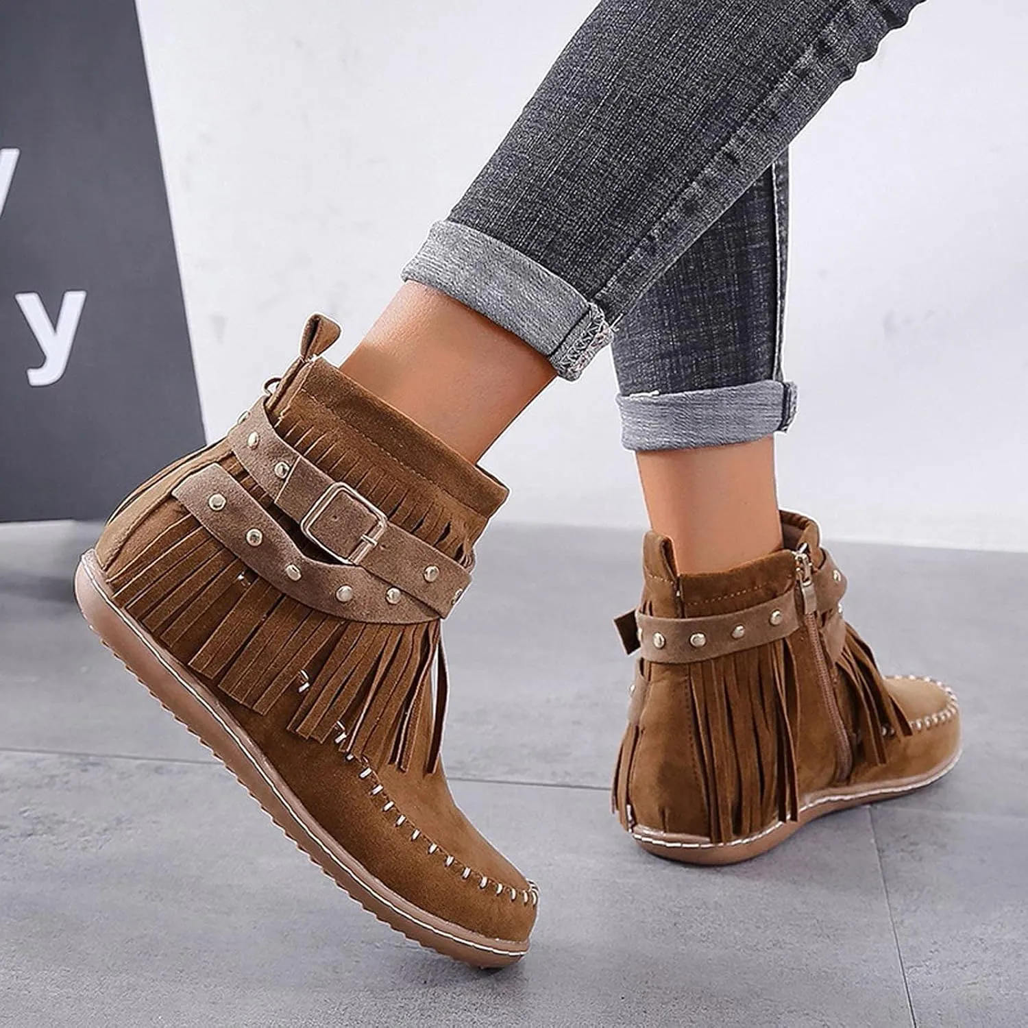 Crzidha Fringe Ankle Boots for Women,Vintage Suede Round Toe Wide Width Low Heel Flat Boho Hippie Ankle Boots Comfortable Wide Width Round Toe Casual Winter Fall Walk Travel Shoes