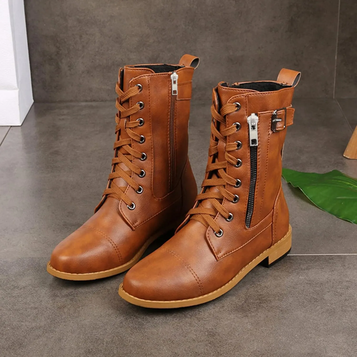 Crzidha Women's Ankle Bootie,Winter Lace up Mid Calf Military Combat Boots Side Zipper Buckle Strap Low Heel Flat Motorcycle Boots Comfortable Casual Walking Travel Trekking Shoes