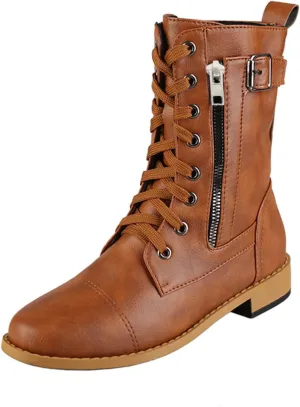 Crzidha Women's Ankle Bootie,Winter Lace up Mid Calf Military Combat Boots Side Zipper Buckle Strap Low Heel Flat Motorcycle Boots Comfortable Casual Walking Travel Trekking Shoes