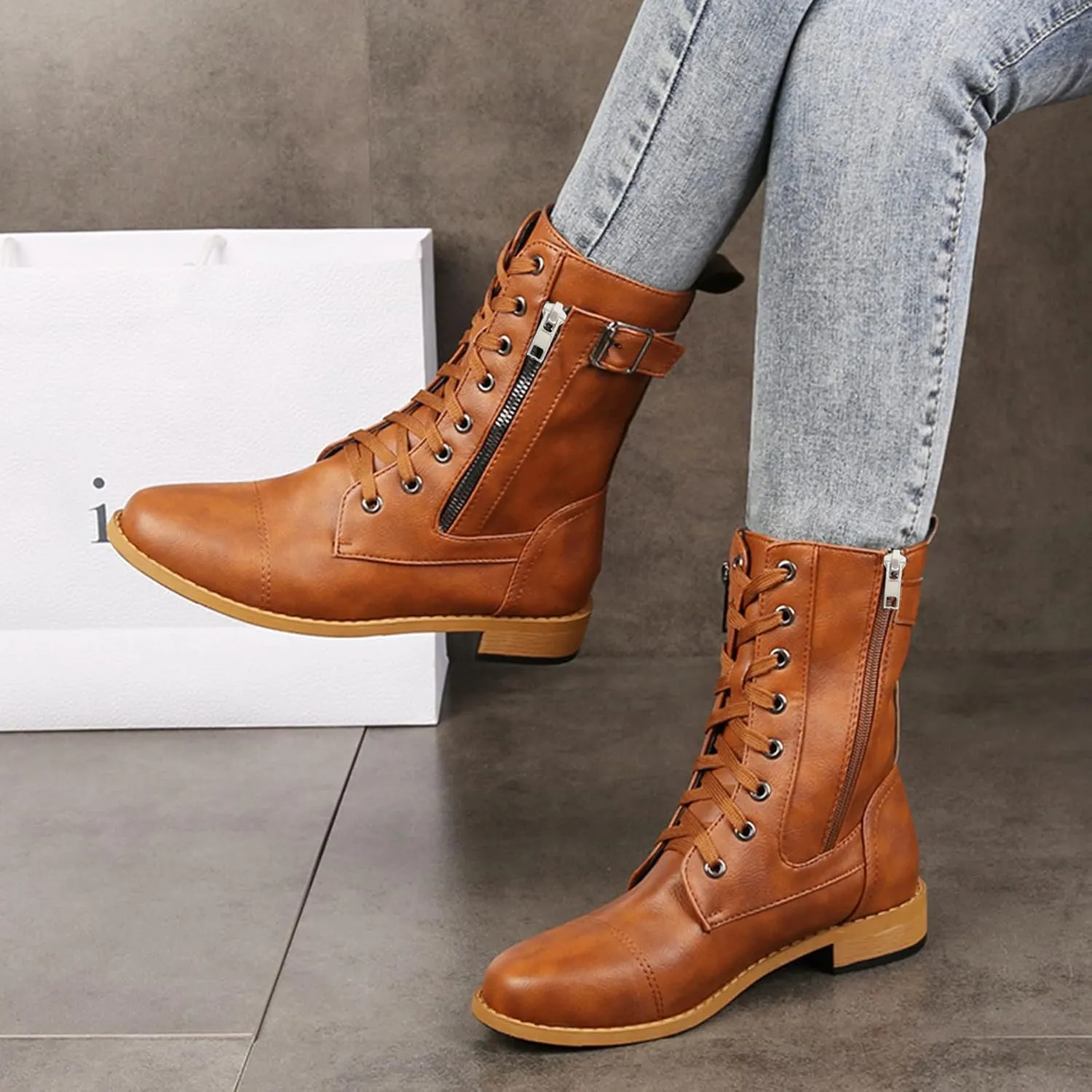Crzidha Women's Ankle Bootie,Winter Lace up Mid Calf Military Combat Boots Side Zipper Buckle Strap Low Heel Flat Motorcycle Boots Comfortable Casual Walking Travel Trekking Shoes