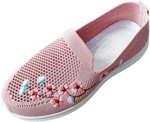 CsgrFagr Ladies Fashion Solid Color Breathable Knitted Mesh Embroidered Decorative Flat Bottom Casual Sports Shoes (Pink, 6.5)