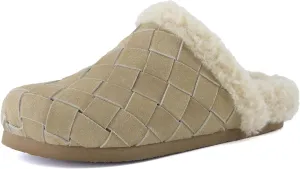 CUSHIONAIRE Cliché Genuine Suede Woven Mule Slippers for Women Indoor and Outdoor - Slip On Faux Fur Lining Women Footwear for Comfort