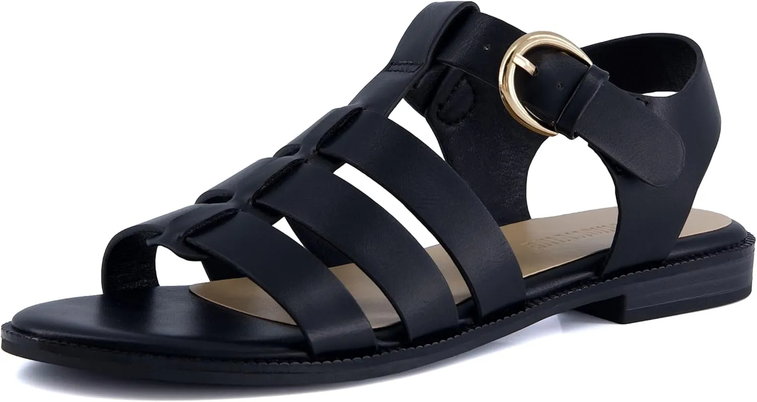 CUSHIONAIRE London Women’s Strappy Fisherman Sandal – Vegan Leather Gladiator Style with Adjustable Ankle Strap   Memory Foam