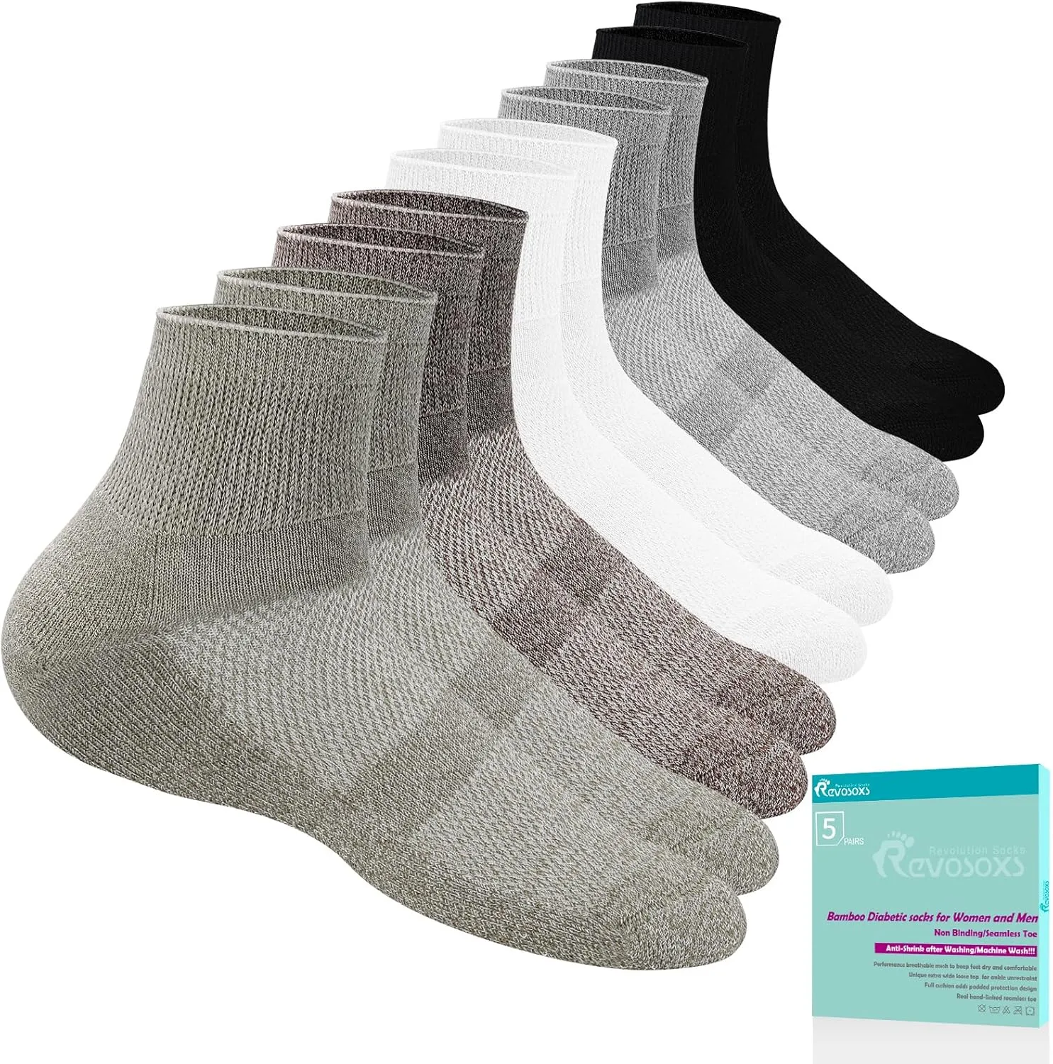Diabetic Socks for Women Men,5 Pairs Bamboo Viscose Non Binding Diabetic Ankle Socks,Wide Seamless Socks 6-9 9-12
