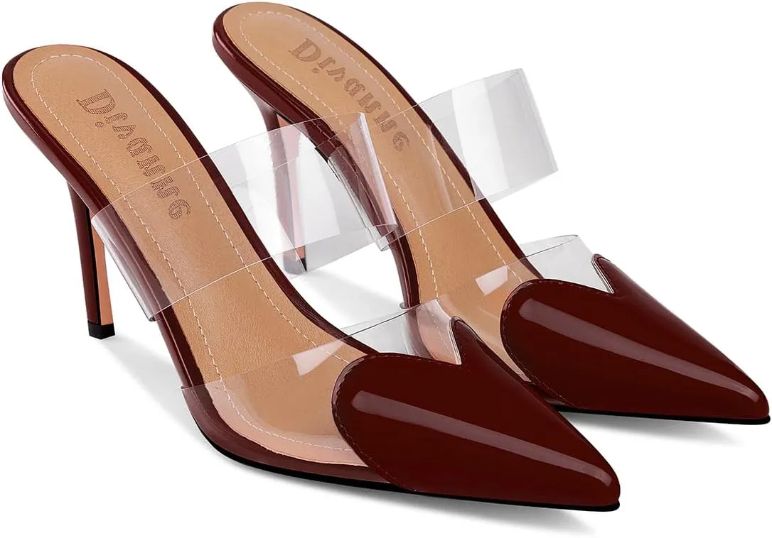Divanne Women's Heart Heeled Mules Pointed Toe Mule Pumps High Heel Mules Slip On Clear Heeled Sandals