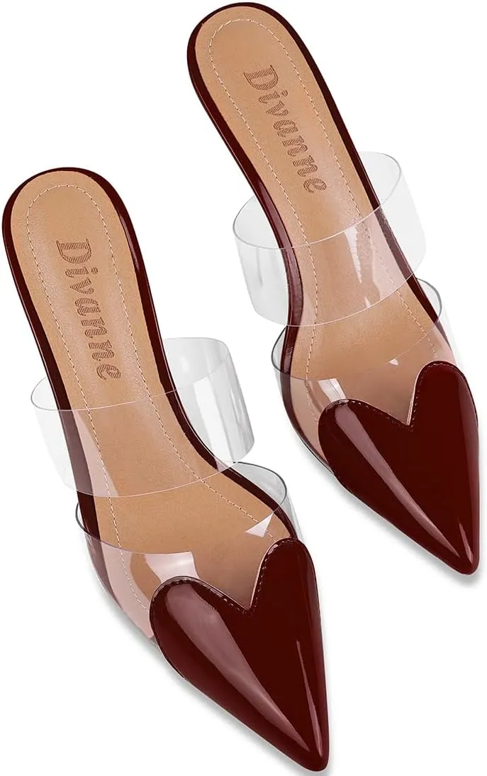 Divanne Women's Heart Heeled Mules Pointed Toe Mule Pumps High Heel Mules Slip On Clear Heeled Sandals