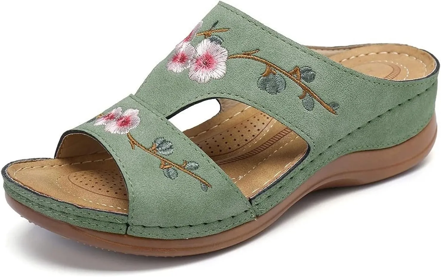 DOIX Orthopedic Sandals for Women with Arch Support Casual Flowers Embroidered Low Wedge Sandals Summer Open Toe Slip on Slide Mule Clogs Beach Slippers Shoes,Green,US11/EU42