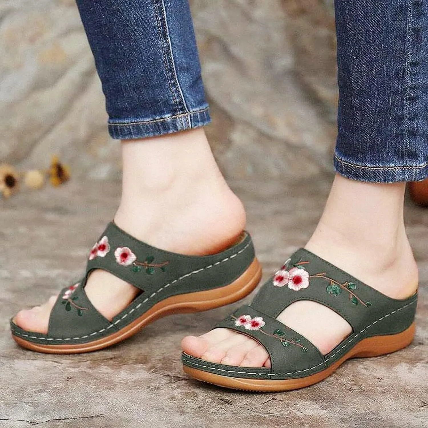 DOIX Orthopedic Sandals for Women with Arch Support Casual Flowers Embroidered Low Wedge Sandals Summer Open Toe Slip on Slide Mule Clogs Beach Slippers Shoes,Green,US11/EU42