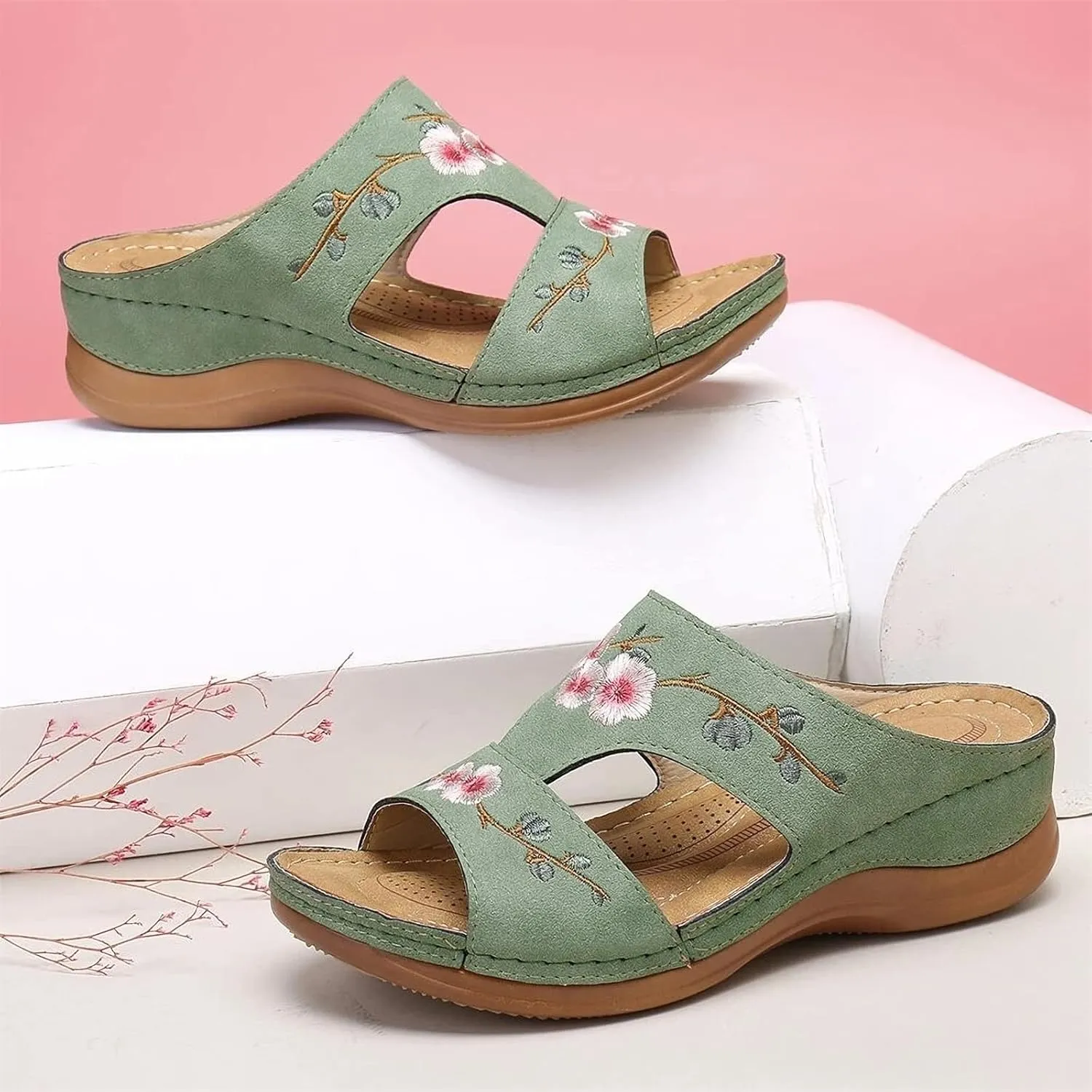 DOIX Orthopedic Sandals for Women with Arch Support Casual Flowers Embroidered Low Wedge Sandals Summer Open Toe Slip on Slide Mule Clogs Beach Slippers Shoes,Green,US11/EU42