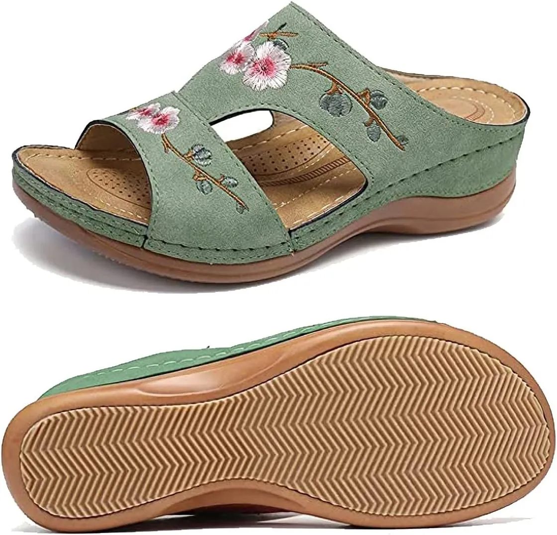 DOIX Orthopedic Sandals for Women with Arch Support Casual Flowers Embroidered Low Wedge Sandals Summer Open Toe Slip on Slide Mule Clogs Beach Slippers Shoes,Green,US11/EU42