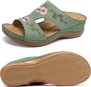 DOIX Orthopedic Sandals for Women with Arch Support Casual Flowers Embroidered Low Wedge Sandals Summer Open Toe Slip on Slide Mule Clogs Beach Slippers Shoes,Green,US11/EU42