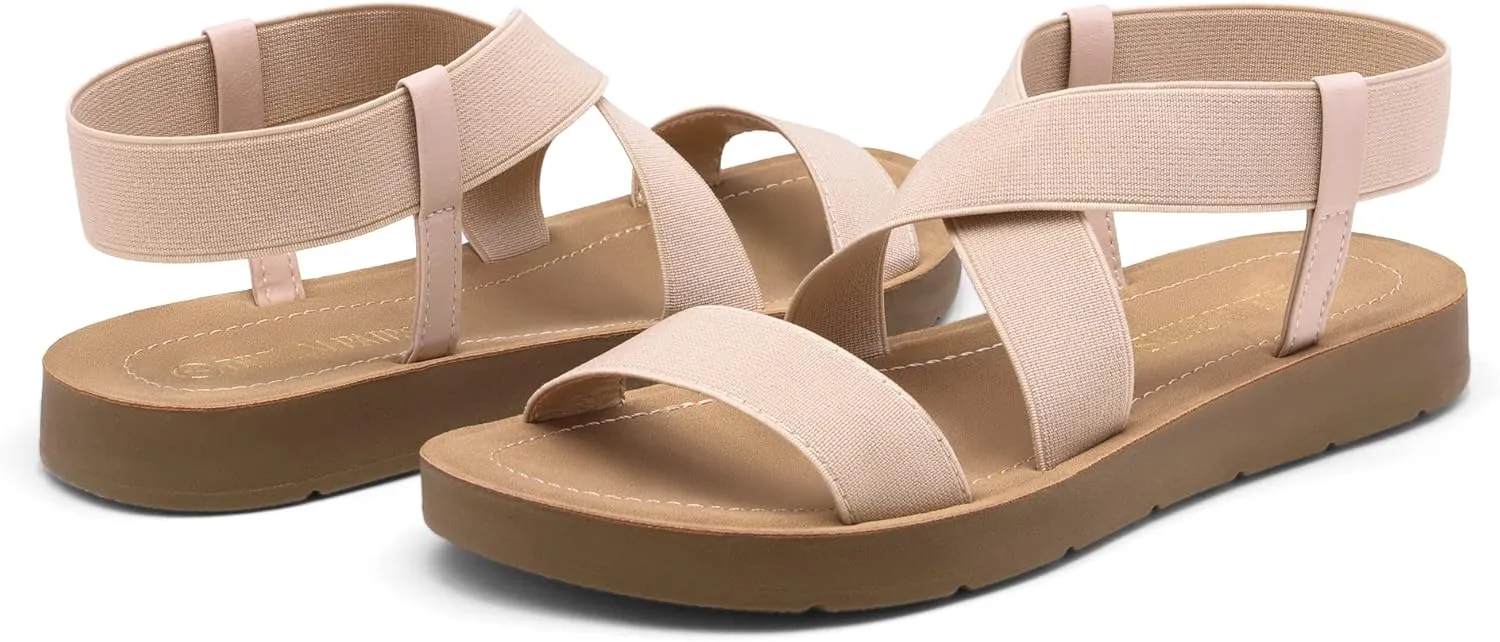 DREAM PAIRS Women's Open Toe Elastic Ankle Strap Flat Summer Sandals