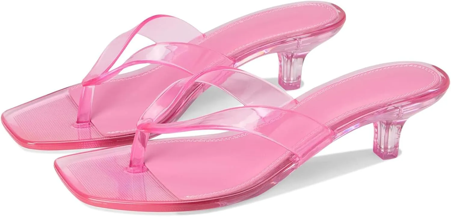 Dsevht Jelly Kitten Heel Sandals for Women Clear Square Toe Flip Flop Thong Mule Heeled Summer Beach Slip On Slide Shoes