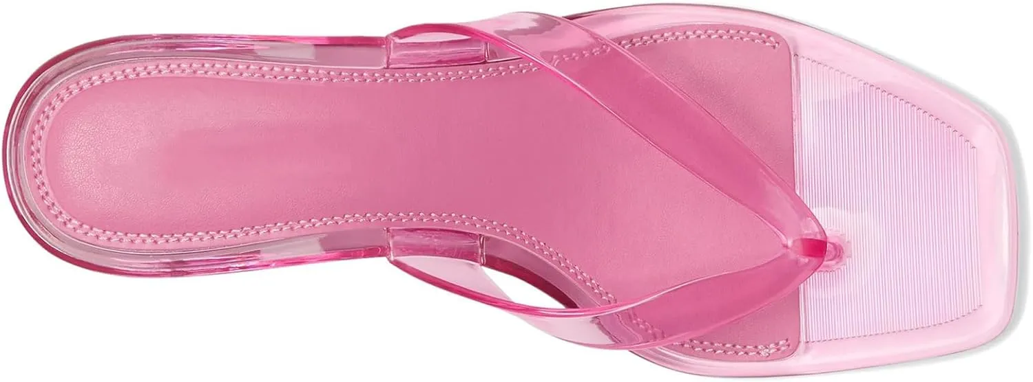 Dsevht Jelly Kitten Heel Sandals for Women Clear Square Toe Flip Flop Thong Mule Heeled Summer Beach Slip On Slide Shoes