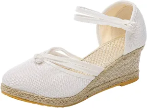 Eduavar Sandals for Women Summer Espadrilles Wedge Sandals with Arch Support Closed Toe Platform Elastic Ankle Strap Shoes