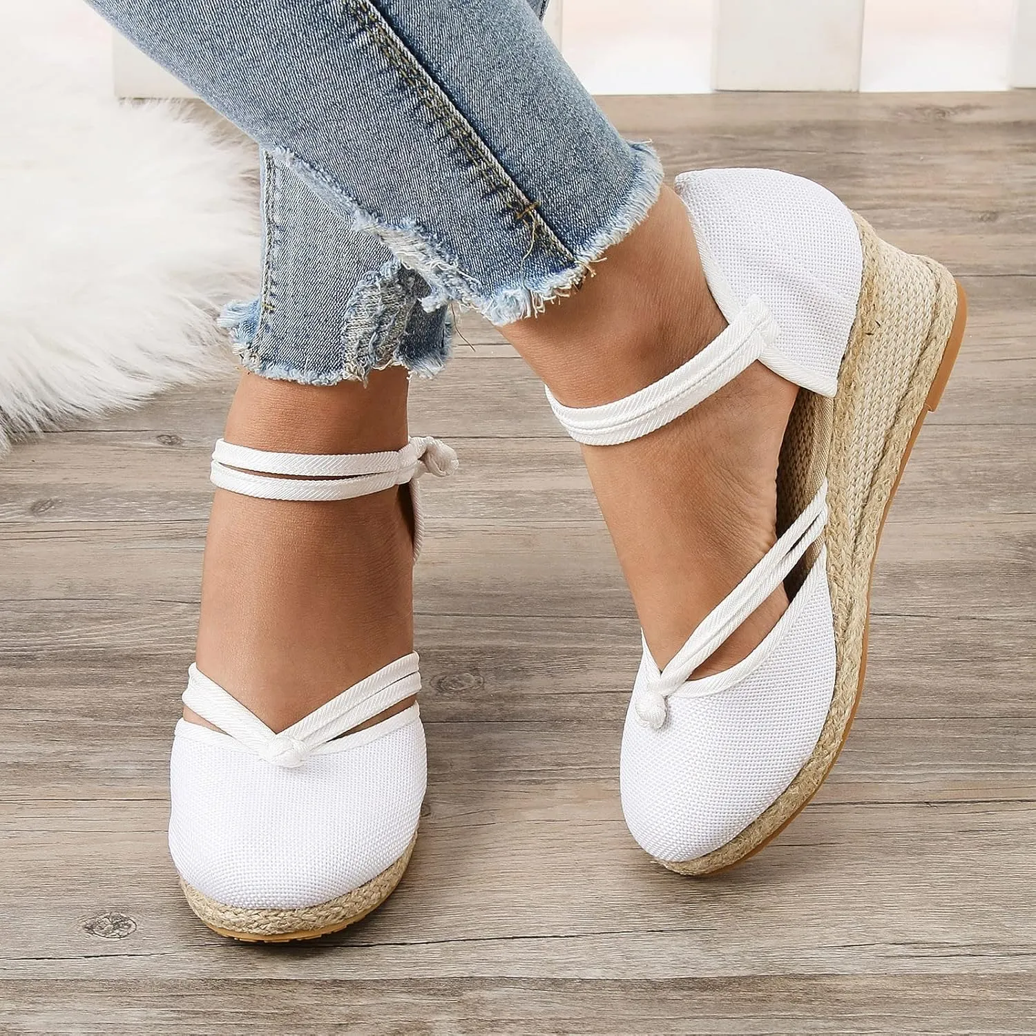 Eduavar Sandals for Women Summer Espadrilles Wedge Sandals with Arch Support Closed Toe Platform Elastic Ankle Strap Shoes