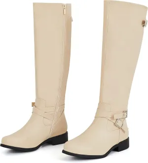 Ermonn Womens Knee High Boots Wide Calf Flat Low Heel Side Zipper Faux Leather Fashion Winter Riding Boot
