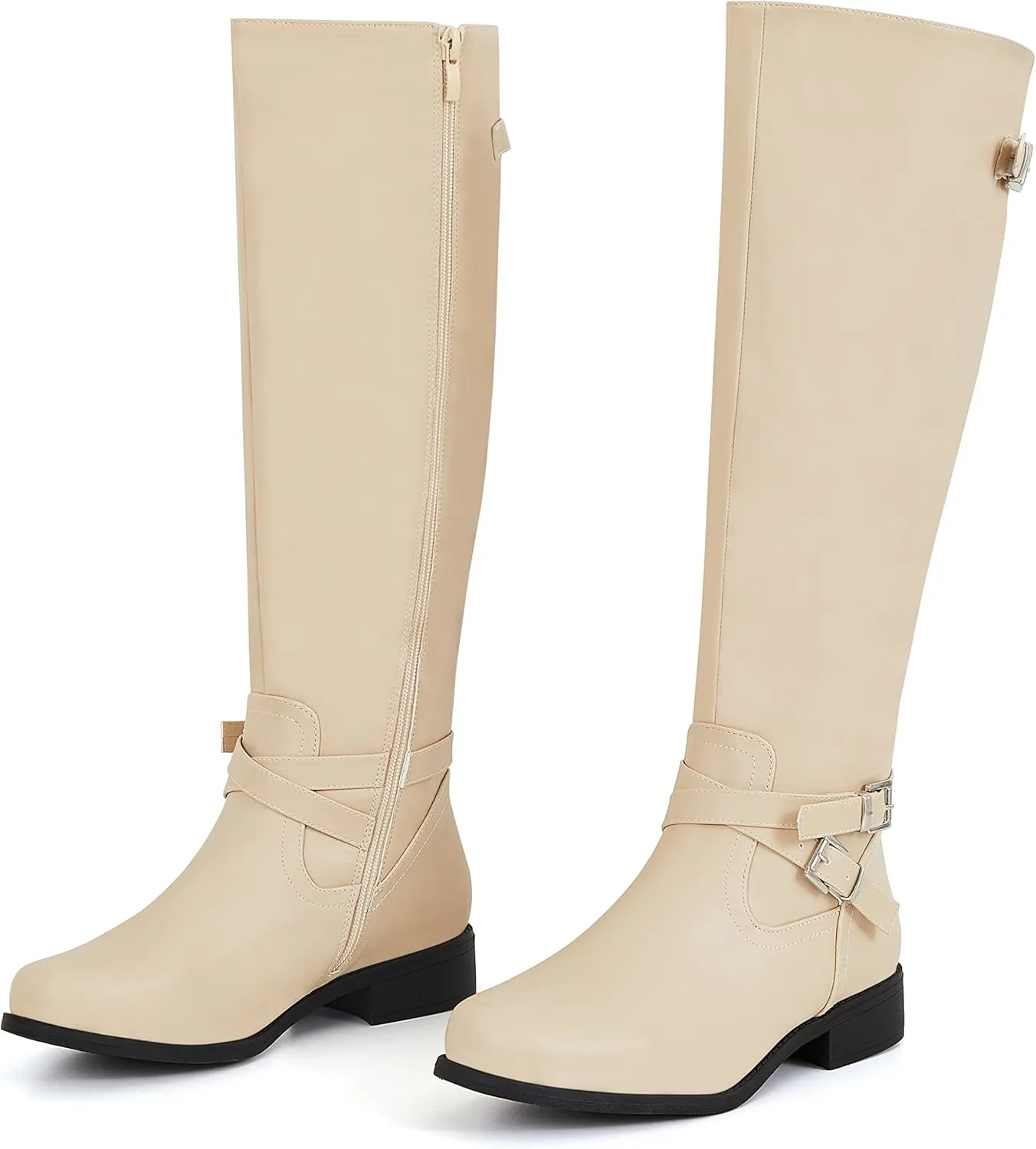 Ermonn Womens Knee High Boots Wide Calf Flat Low Heel Side Zipper Faux Leather Fashion Winter Riding Boot