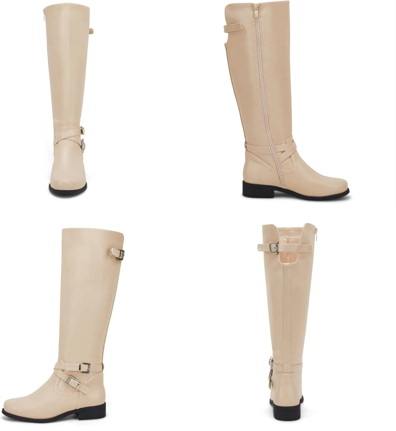 Ermonn Womens Knee High Boots Wide Calf Flat Low Heel Side Zipper Faux Leather Fashion Winter Riding Boot