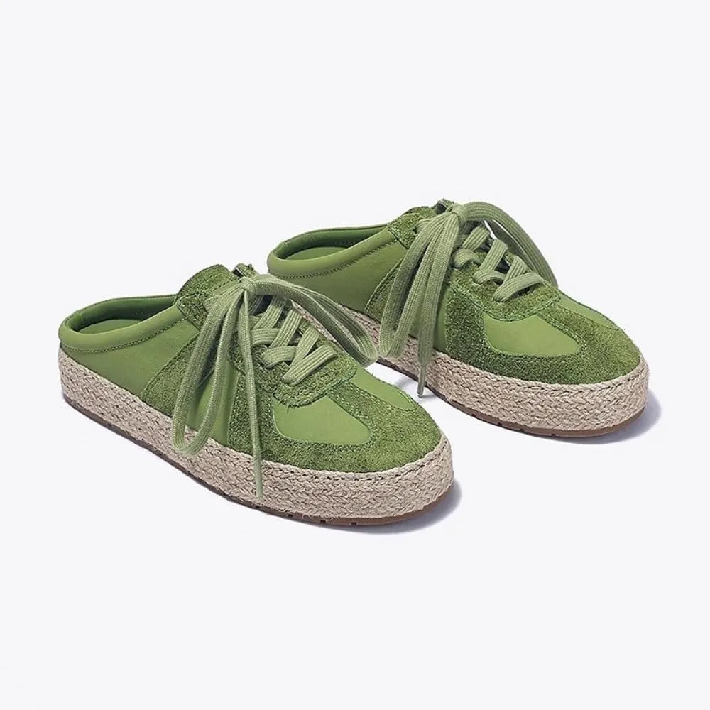Espadrilles Sneakers Backless Tennis Shoes for Women Wide Mule Sneakers Slip on Platform Mules Non Slip Chunky Sole Lace Up Breathable Retro Cute Round Toe Lightweight Casual Slippers Office Business