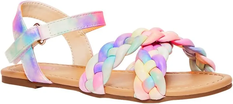 FabKids Girls Braided Open Toe Ankle Strap Flat Lightly Padded Sandals Summer Holiday Party Dress Shoes for Toddler Little Kid Big Kid