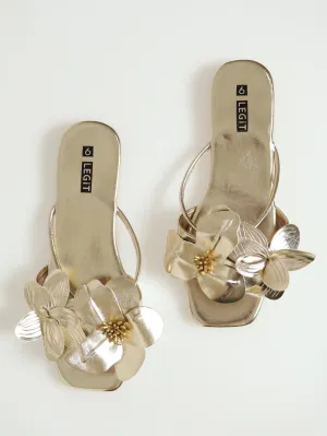 Flat One Strap Push In Mule With Flower Detail - Gold