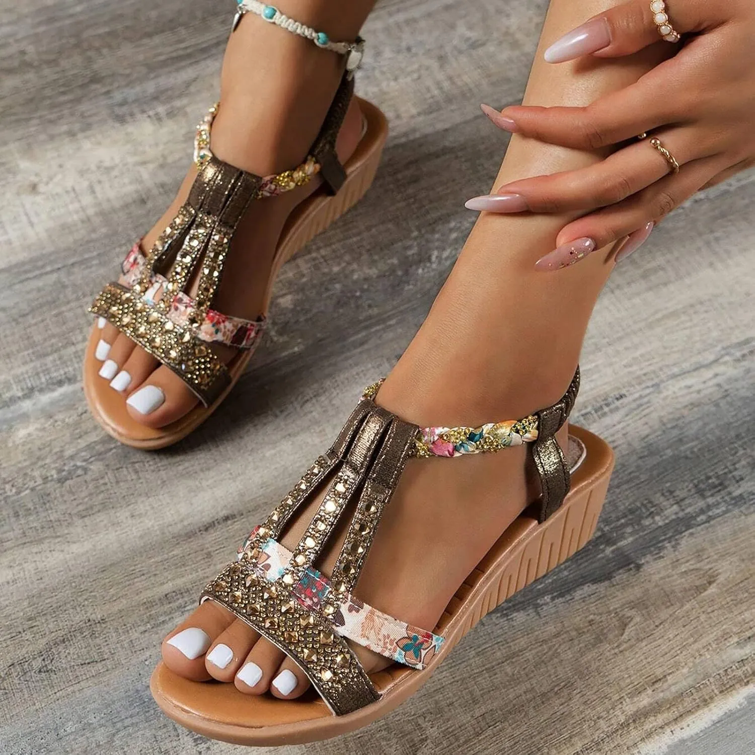 Flat Sandals for Women Dressy Rhinestone Ankle-Strap Summer Walking Sandals Arch Support Comfortable Open Toe Fashion Sandals