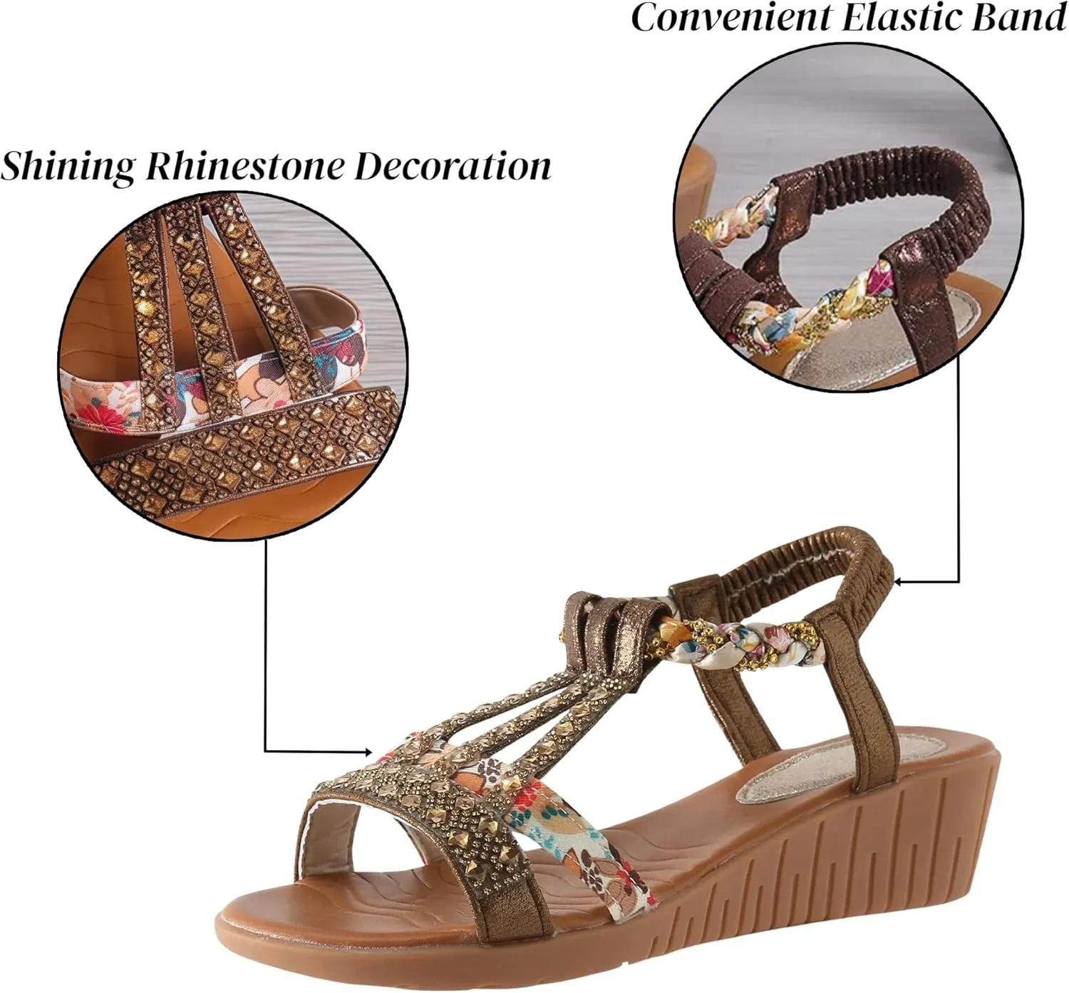 Flat Sandals for Women Dressy Rhinestone Ankle-Strap Summer Walking Sandals Arch Support Comfortable Open Toe Fashion Sandals