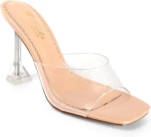 FREDERICK'S OF HOLLYWOOD SQUARED TOE TRANSPARENT MULE SANDAL W/SPOOL, FOH-HONEY