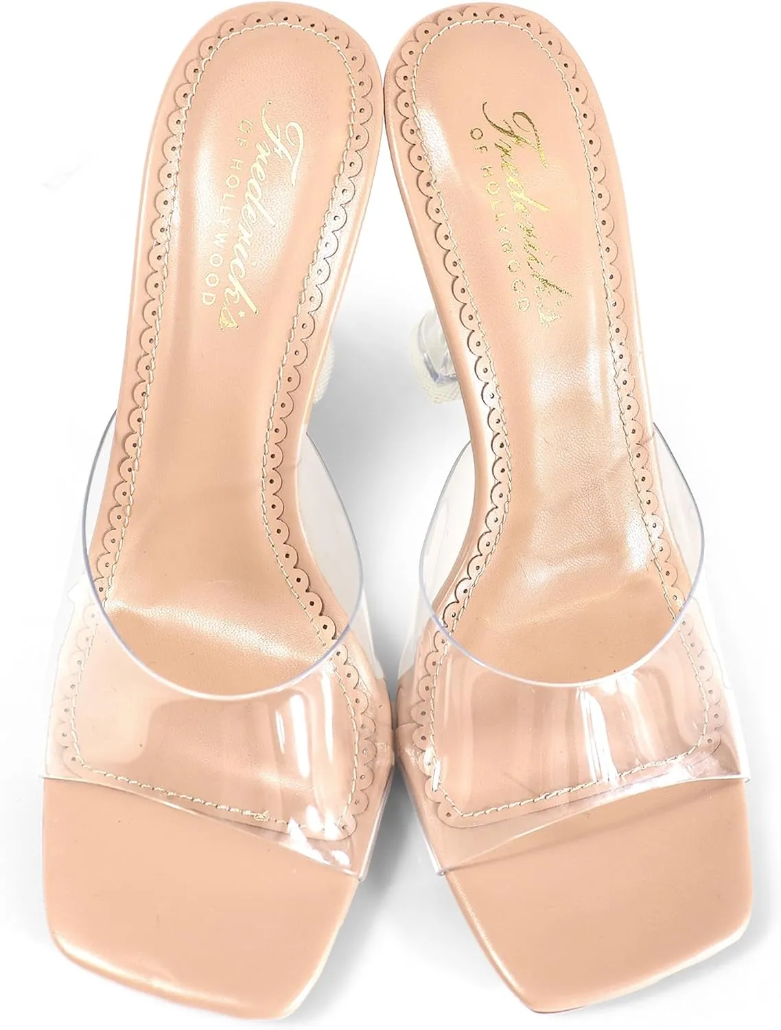 FREDERICK'S OF HOLLYWOOD SQUARED TOE TRANSPARENT MULE SANDAL W/SPOOL, FOH-HONEY