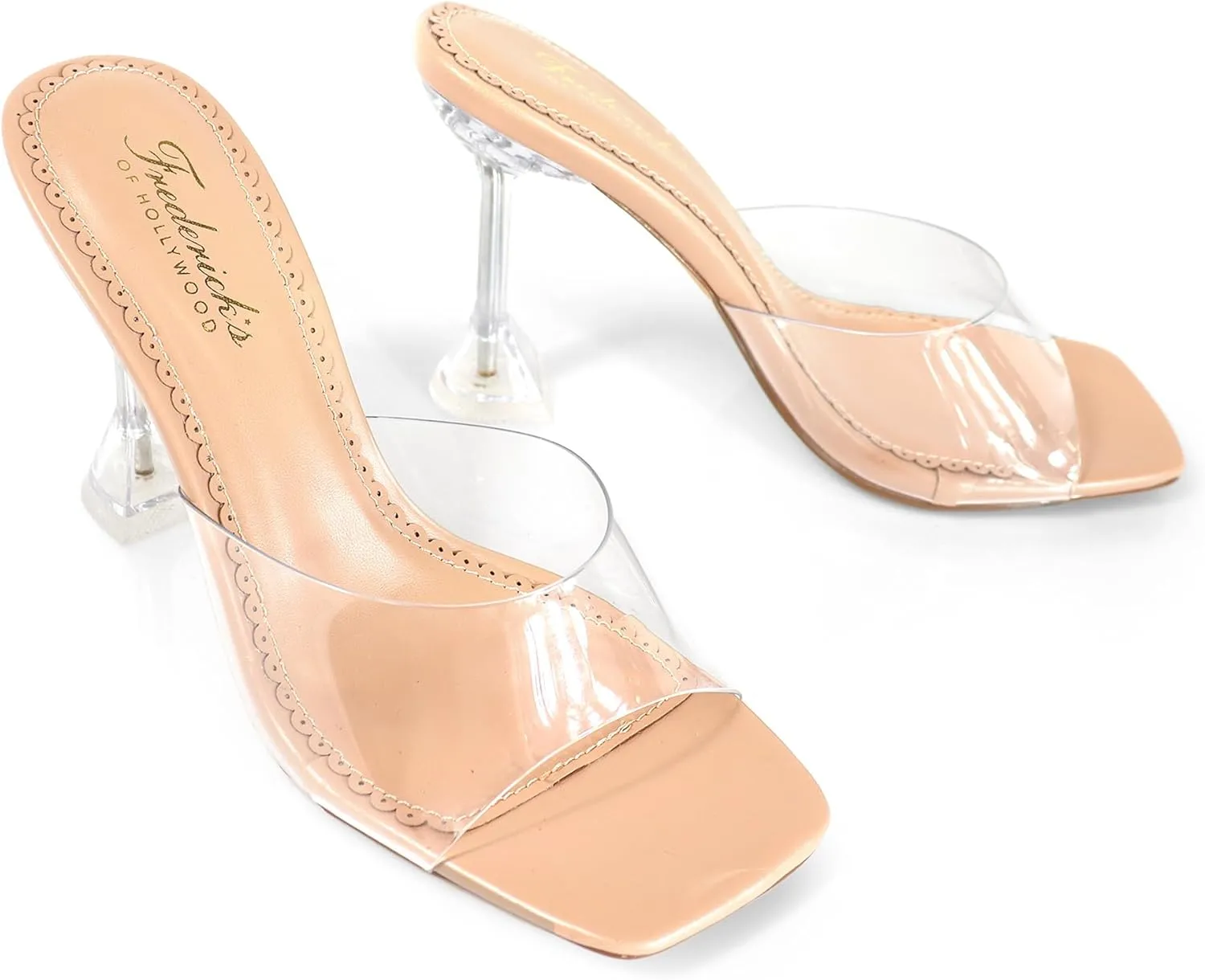 FREDERICK'S OF HOLLYWOOD SQUARED TOE TRANSPARENT MULE SANDAL W/SPOOL, FOH-HONEY