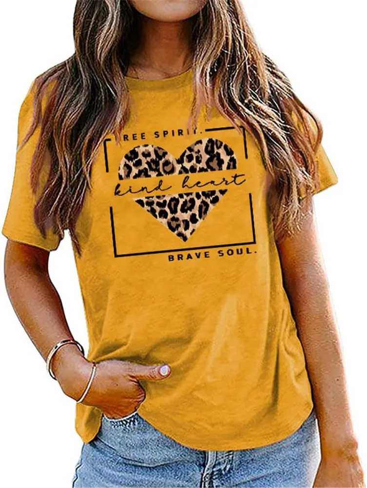 Free Spirit Kind Heart Brave Soul Shirts Women Leopard Heart Inspirational Saying T-Shirt Short Sleeve Tees Tops