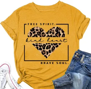 Free Spirit Kind Heart Brave Soul Shirts Women Leopard Heart Inspirational Saying T-Shirt Short Sleeve Tees Tops