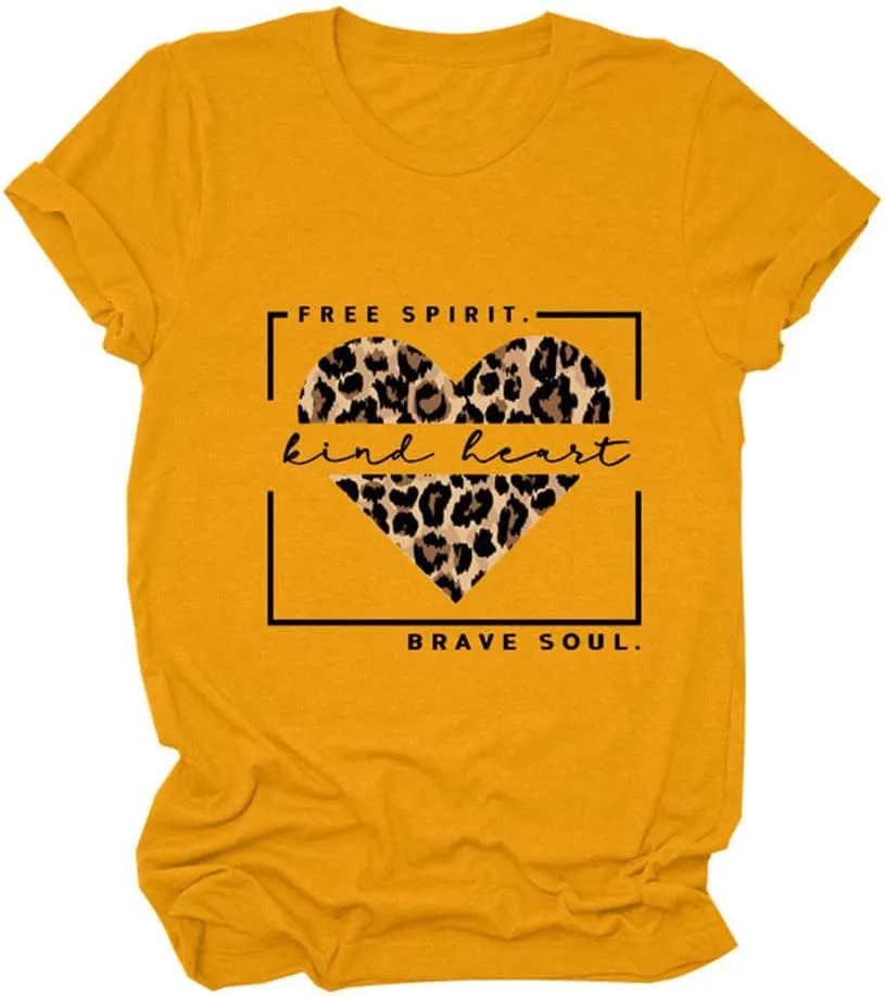 Free Spirit Kind Heart Brave Soul Shirts Women Leopard Heart Inspirational Saying T-Shirt Short Sleeve Tees Tops