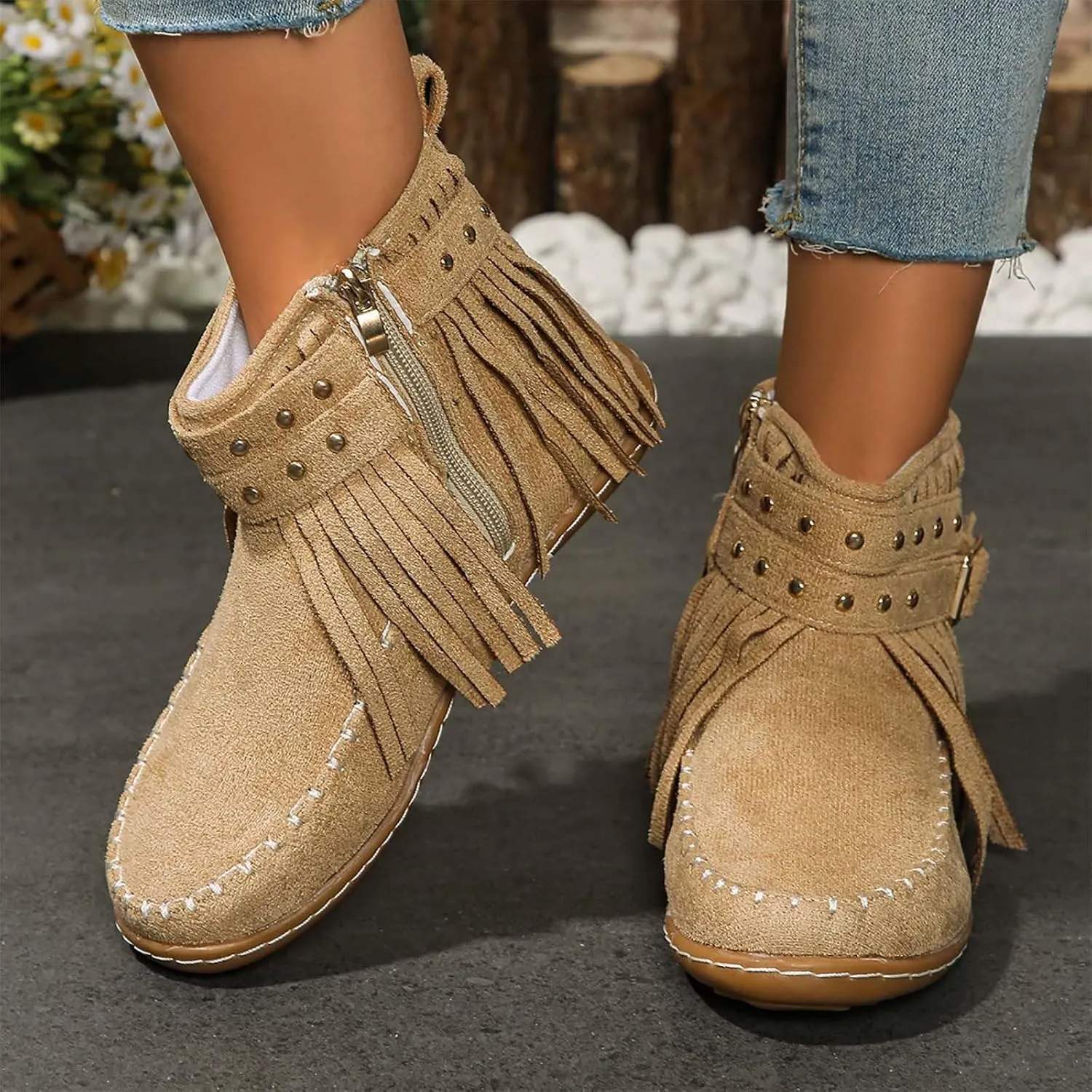 Fringe Cowboy Boots For Women Low Heel Ankle Boots Suede Moccasin Boots Slouch Cowboy Boots Short Flat Shoes