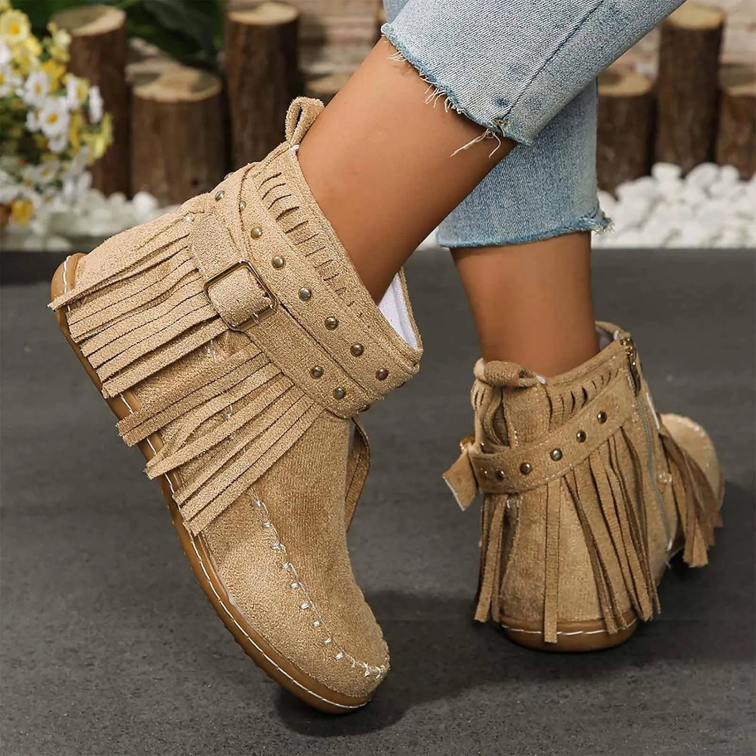 Fringe Cowboy Boots For Women Low Heel Ankle Boots Suede Moccasin Boots Slouch Cowboy Boots Short Flat Shoes
