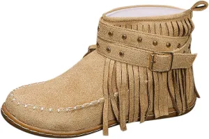 Fringe Cowboy Boots For Women Low Heel Ankle Boots Suede Moccasin Boots Slouch Cowboy Boots Short Flat Shoes