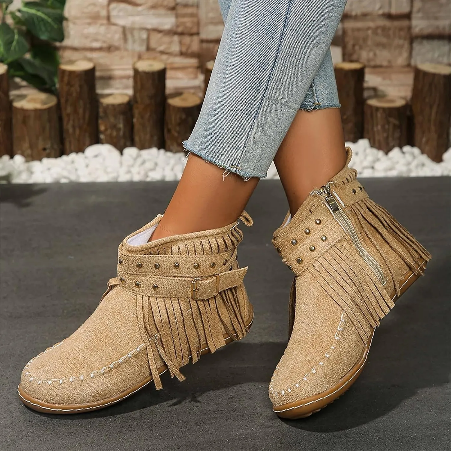 Fringe Cowboy Boots For Women Low Heel Ankle Boots Suede Moccasin Boots Slouch Cowboy Boots Short Flat Shoes