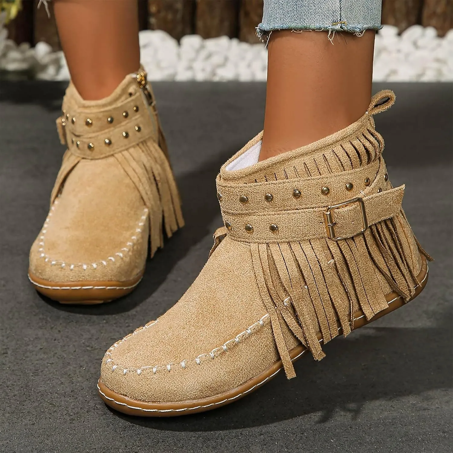 Fringe Cowboy Boots For Women Low Heel Ankle Boots Suede Moccasin Boots Slouch Cowboy Boots Short Flat Shoes