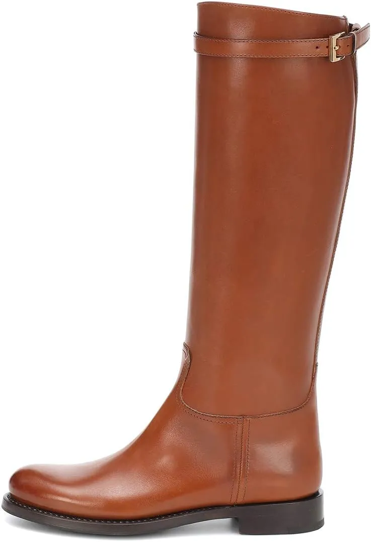 FSJ Women Regular Round Toe Flat Riding Knee High Boots Wide Calf Buckled Strappy Chunky Low Heel Western Long Boots Pull On Sexy Shoes Size 4-15 US