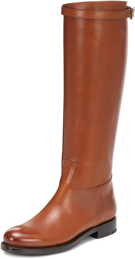 FSJ Women Regular Round Toe Flat Riding Knee High Boots Wide Calf Buckled Strappy Chunky Low Heel Western Long Boots Pull On Sexy Shoes Size 4-15 US