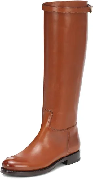 FSJ Women Regular Round Toe Flat Riding Knee High Boots Wide Calf Buckled Strappy Chunky Low Heel Western Long Boots Pull On Sexy Shoes Size 4-15 US