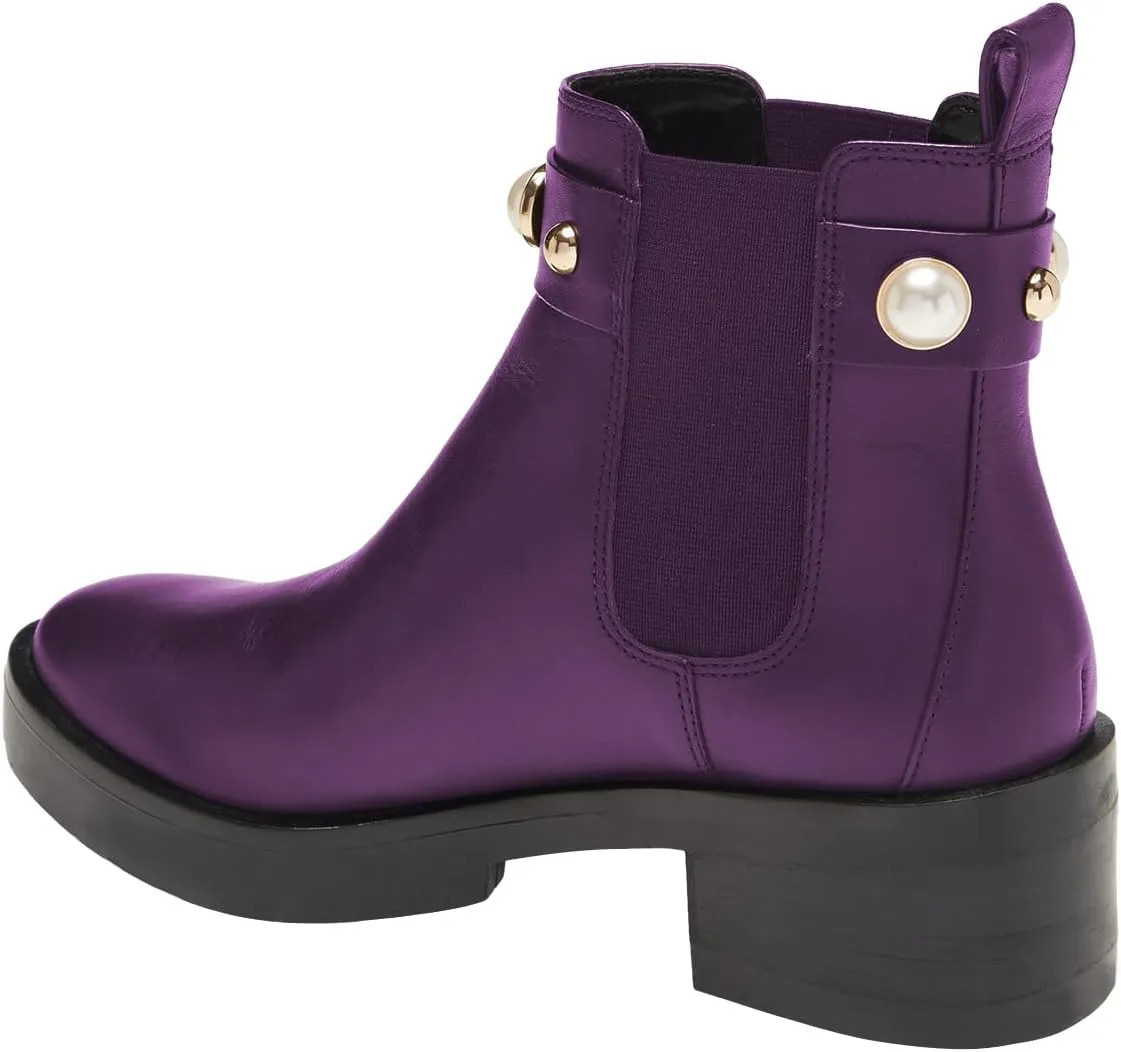 FSJ Women Round Toe Chelsea Boots with Pearls Strap Block Low Heel Slip On Vegan Leather Ankle Booties Size 4-16 US