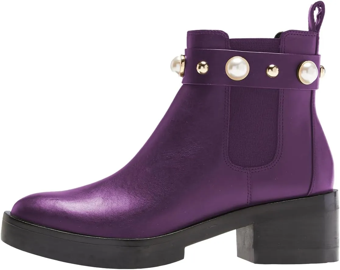 FSJ Women Round Toe Chelsea Boots with Pearls Strap Block Low Heel Slip On Vegan Leather Ankle Booties Size 4-16 US